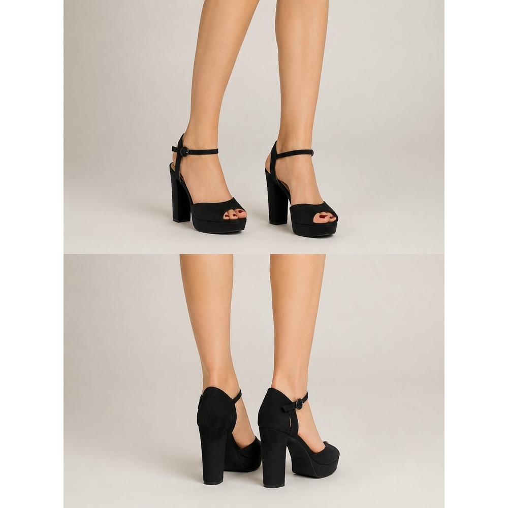 Sun + Stone Black Peep Toe Platform Heels Womens Size 6.5 Block Heel Super Cute - Picture 1 of 8